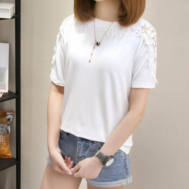 tシャツ カットソー 花柄刺繍 トップス 半袖 クルーネック 着