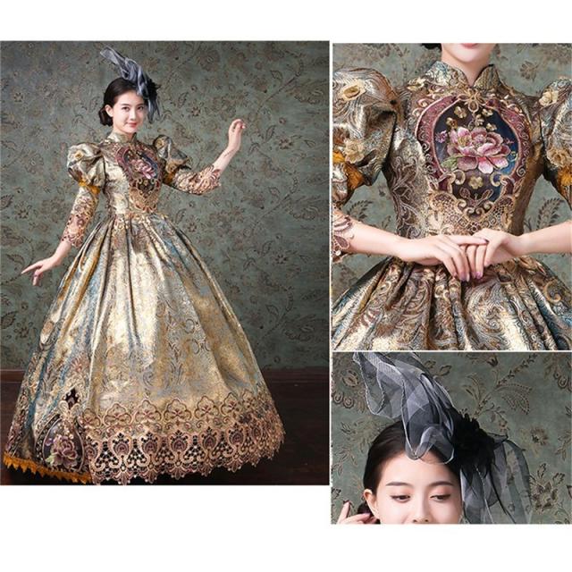 貴婦人 歌劇 貴族 服 髪飾り付き 舞台 中世 衣装 豪華ロングドレス お姫様ドレス ステージ衣装 演劇 オペラ 声楽 大きいサイズ_4