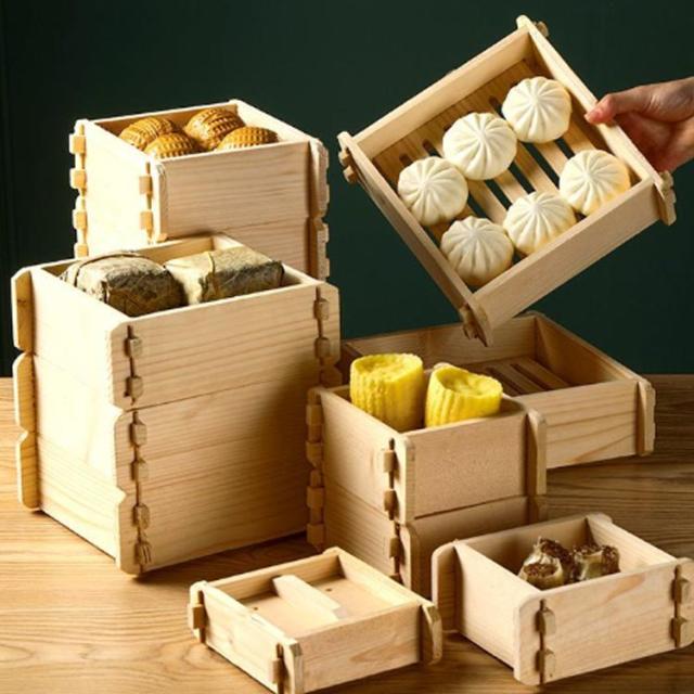 時代物 木製 角せいろ 4段セット 蓋付き｜昭和レトロ 希少品 中華蒸籠