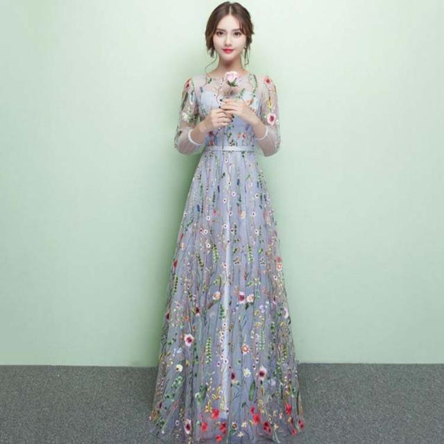 【MAC DUGGAL】ロング ドレス 花柄刺繍 Aライン 長袖 ネイビー 全4色 花の刺繍が繊細で美しいドレス カラードレス 刺繍 花 花柄