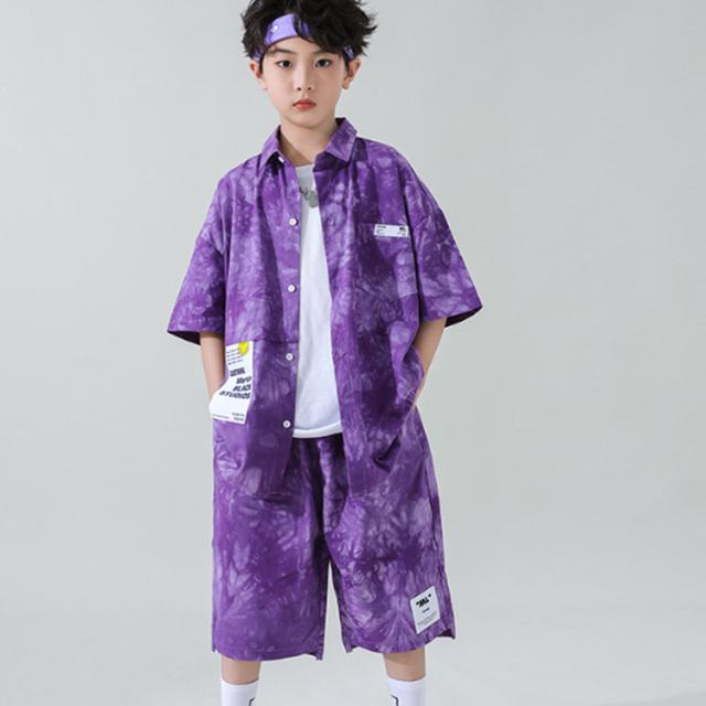 しろかね 3本セット ゆったり ダンス衣装 タイダイ柄 セットアップ パープル 綿 上下セット