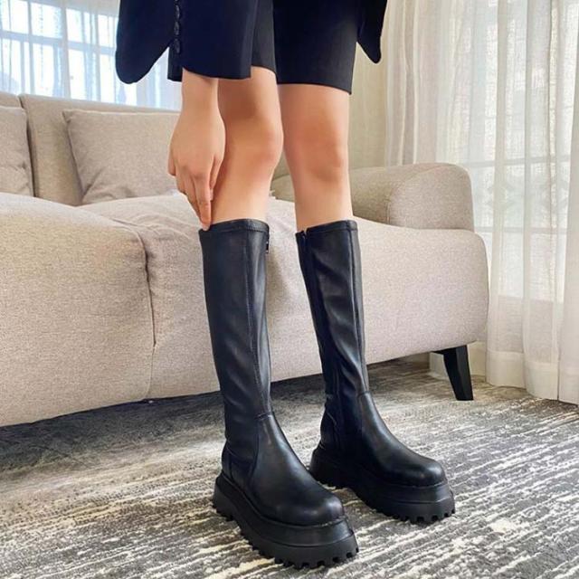 厚底 ロングブーツ ストレッチ 2層 ソール ヒールアップ 膝丈 7 ショートブーツ ロングブーツ 2タイプ丈 レディース 靴 厚底
