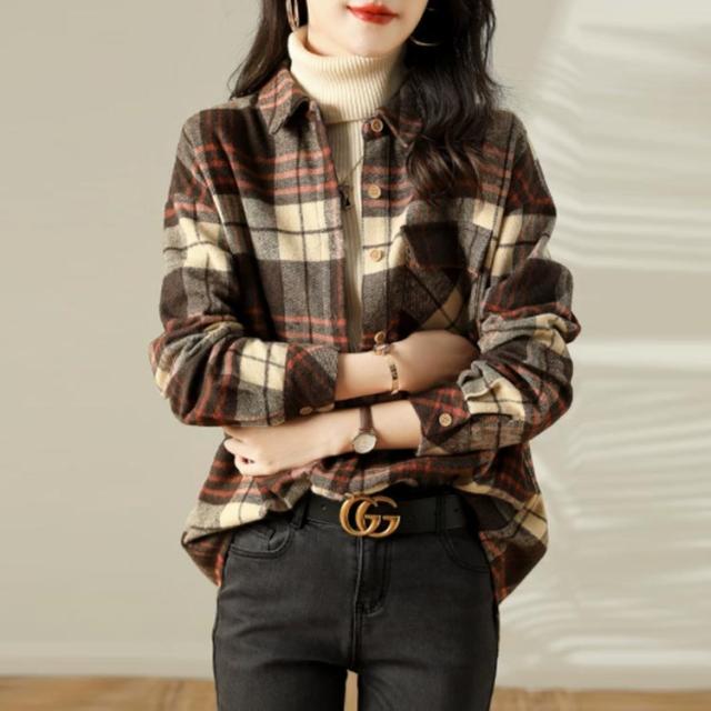 長袖シャツ カジュアルシャツ ネルシャツ チェックシャツ ロングシャツ レディース トップス 秋服 秋物 前開襟 大きいサイズ おしゃれ きれい 30代40代50代 ネルシャツ レディース シャツ チェック柄 長袖シャツ 厚手 秋冬