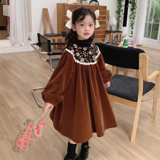 売店] ワンピース キッズ 長袖 白襟 aライン パフスリーブ ドレス 子供