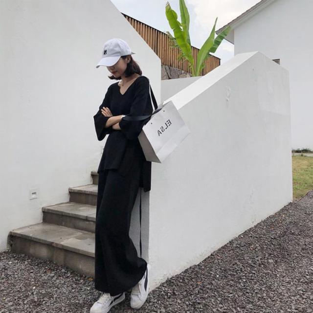 サマーニット セットアップ 5分袖 ニット トップス Vネック チュニック ワイドパンツ ボトムス リプ編み 接触冷感 ウェストリボン サイドスリット リラックス オーバーサイズ  おうち ルームウェア ゆったり 楽ちん 送料無料 サマーニット セットアップ 5分袖 ニット トップス Vネック チュニック