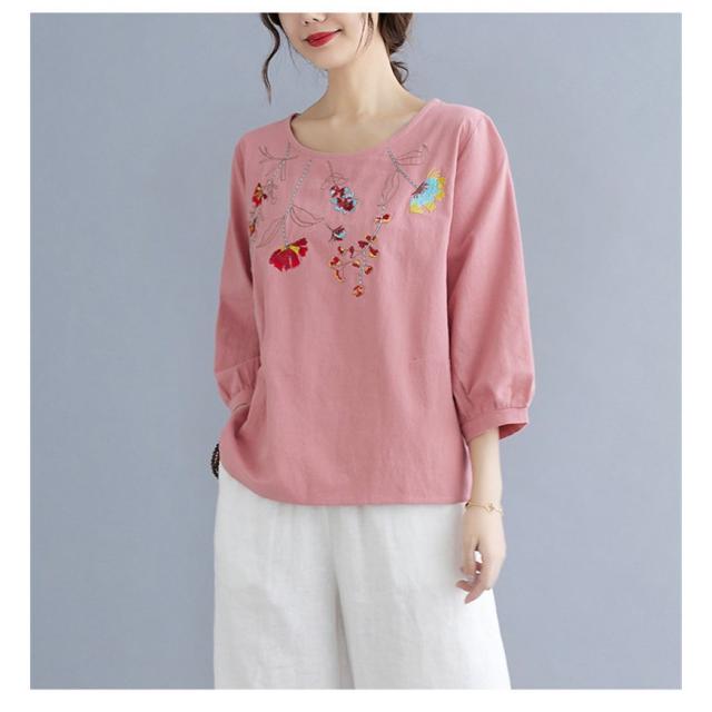 シャツブラウス レディース トップス 花刺繍 コットンブラウス ファッション 綿 七分袖 パフスリーブ 花 刺繍 フェミニン 大人 可愛い お洒落 通勤 おしゃれ 夏 シャツ ブラウス トップス レディース 7分袖 切替 無地 花柄 40