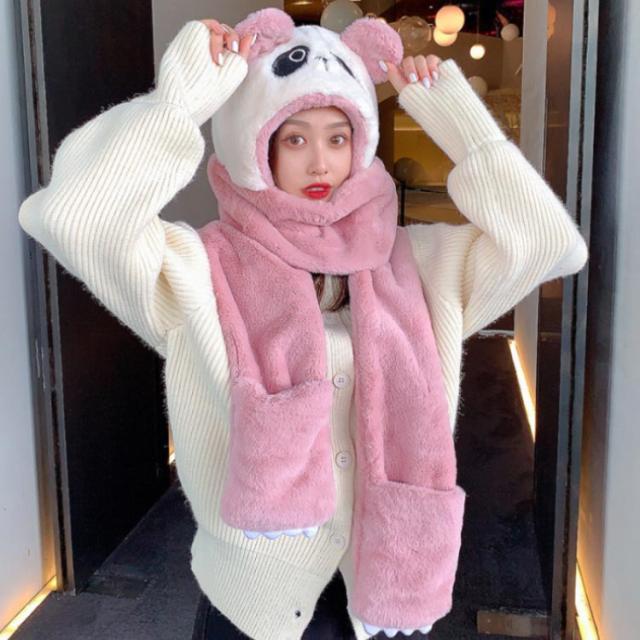 フード付きマフラー アニマル帽子 マフラー手袋一体型