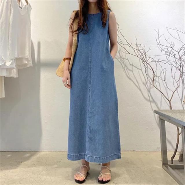 デニム ワンピース ノースリーブ Aライン 大きいサイズ ポケット