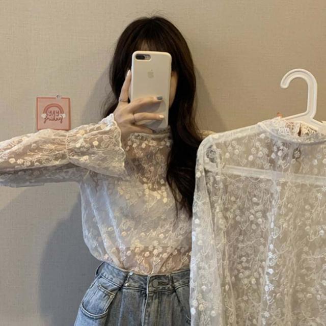 花柄レース トップス ブラウス フリル襟 シースルー 透け感