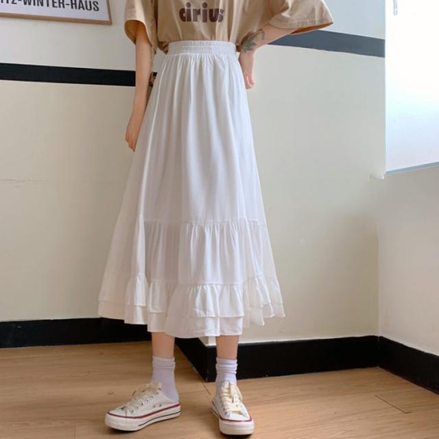 【新品】エミ　フレアスカート　ティアードスカート　ロング　洗える　ペチコート付き フリルチュールティアードスカート(ロング・マキシ丈スカート