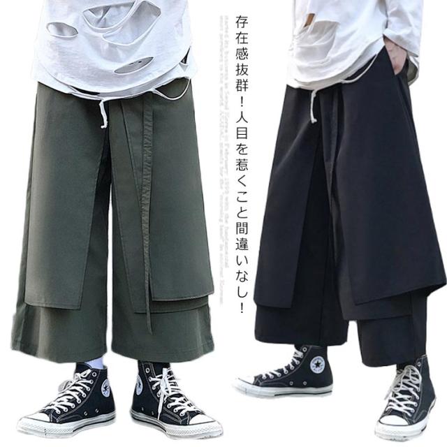 M-5XL ワイドパンツ 重ね着風 ガウチョパンツ メンズ 個性派 ゆったり スカート 変形 大きいサイズ 袴パンツ V系 ストリート系 春新作 春秋 モード系 20代 30代 お洒落 男女兼用