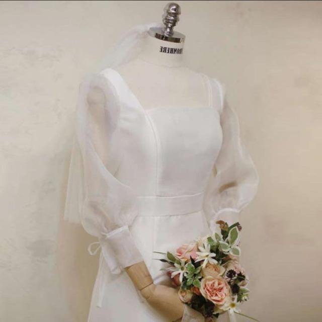 ウェディングドレス 長袖 二次会 白 袖付き パフスリーブ フォト