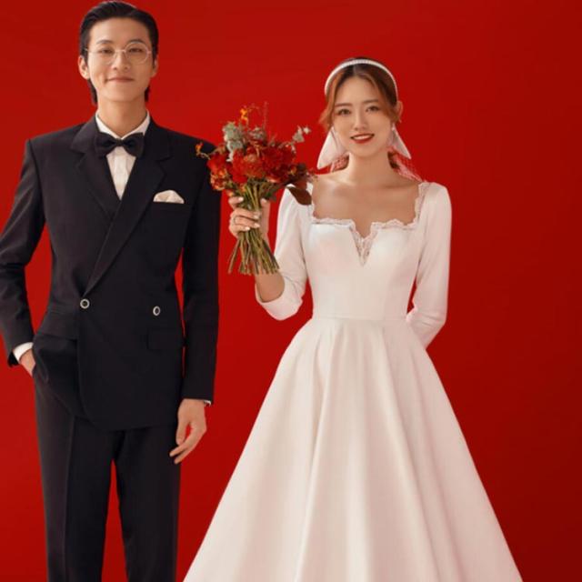 エンパイアライン ドレス 白ワンピース 花嫁 ロングドレス 結婚式 エンパイアライン 袖あり 披露宴 二次会 vネック ハイウエスト上品 エレガント ウェディングドレス ウェディングドレス 結婚式 二次会 花嫁 ドレス 白ワンピース