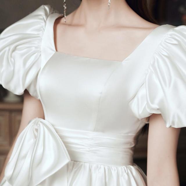 ウエディングドレス ウェディングドレス パフスリーブ 腰リボン フェミニン ワンピース パフスリーブ ドレス パフスリーブワンピース ミモレ ミモレ丈 Aライン 結婚式 シンプル 上品 ウエディングドレス ウェディングドレス パフスリーブ 腰リボン