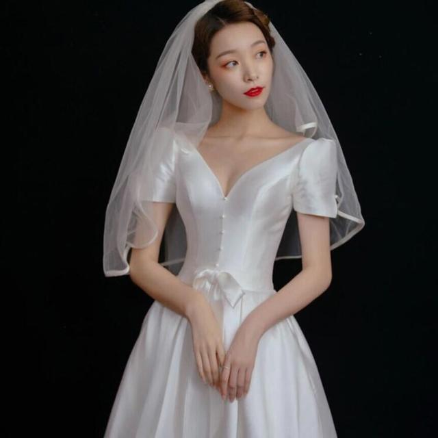 ウエディングドレス ウェディングドレス 袖あり 半袖 ドレス Aライン Vネック フロントボタン プロントリボン ウエストリボン 腰リボン エンパイアライン ドレス ロング 花嫁ドレス ウエディングドレス ウェディングドレス 袖あり 半袖 ドレス Aライン V