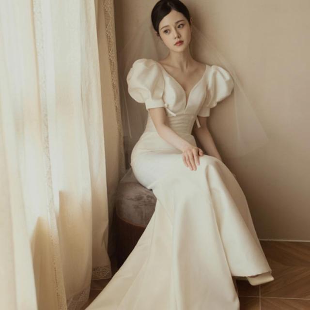 ウェディングドレス 半袖 マーメイドライン オフショルダー トレーン付きドレス ウェディング パフスリーブ ウエディング パーティードレス フィッシュテール 結婚式 ワンピース 海外 挙式 ホワイト 白 トレーン付き ドレス ウェディングドレス 半袖 マーメイドライン トレーン付きドレス