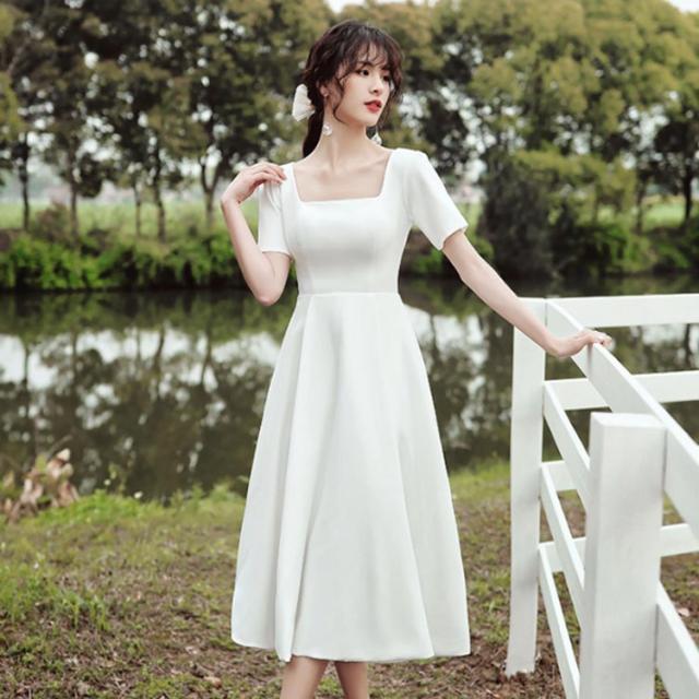 ウェディングドレス ミモレ丈 ロング丈 【XS〜XLサイズ】ウエディングドレス ワンピース Aライン ロング 半袖 ミモレ Vネック ドレス パーティードレス パーティドレス ファスナータイプ 披露宴 結婚式 演奏会 発表会 海外挙式ドレス ウェディングドレス ミモレ丈 ロング丈 【XS〜XLサイズ】ウエディング