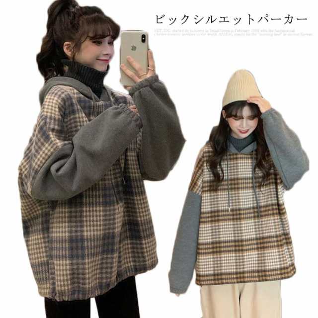 チェック柄シャツパーカー 春秋 レディース フード付き ゆったり