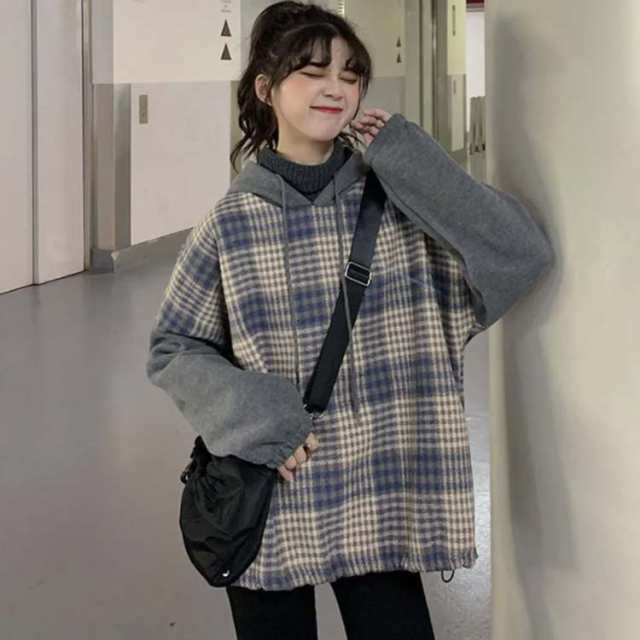 パーカー レディース 秋 冬 秋冬 長袖 フード付き チェック柄