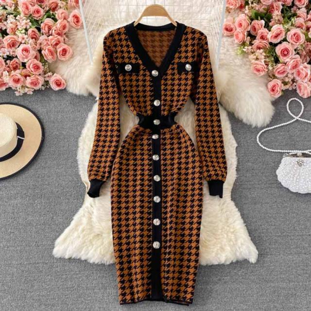 タイトニットワンピース ロングニットワンピース Vネック 長袖 ニット  