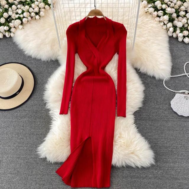 タイトニット タイトニットワンピース ロングニットワンピース ロング丈 ニットワンピース 長袖 リブ タイト スリット ひざたけ スリット 膝丈 秋冬 春秋 ニット 無地 タイトワンピース タイトニットワンピース タイトニット タイトワンピース ロングニット