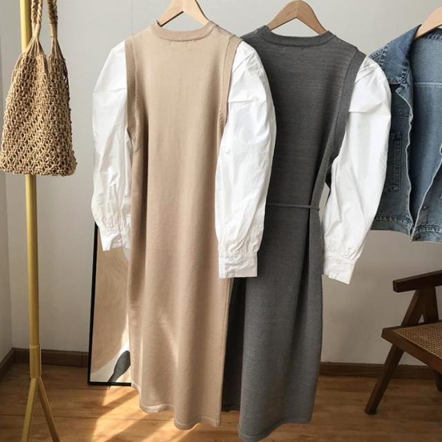 送料無料 ニット シャツワンピース 長袖 パフスリーブ 春 夏 シャツ