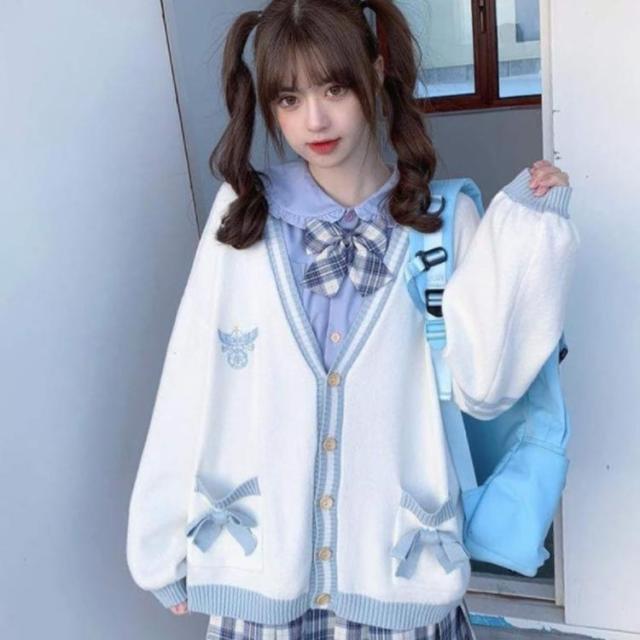 女の子 160 制服 水色 4点セット カーディガン キッズフォーマル 卒業式 女子制服 4点セット カーディガン+スカート+長袖シャツ+蝶結び 長袖 JK