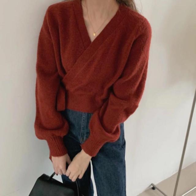 ニットカーディガン ショート丈 カシュクール ニットトップス 羽織り