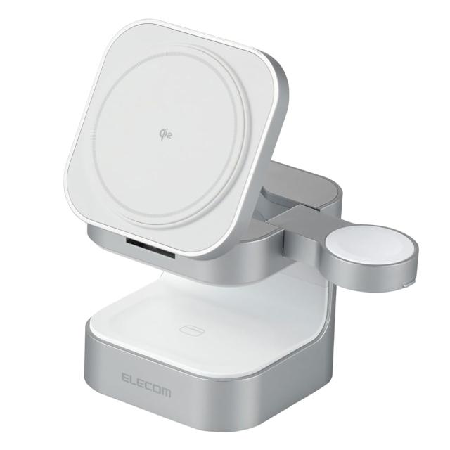 エレコム Qi2 充電器 ワイヤレス 15W 3in1 Apple Watch 認証モジュール付き スタンド型 シルバー EC-MS0