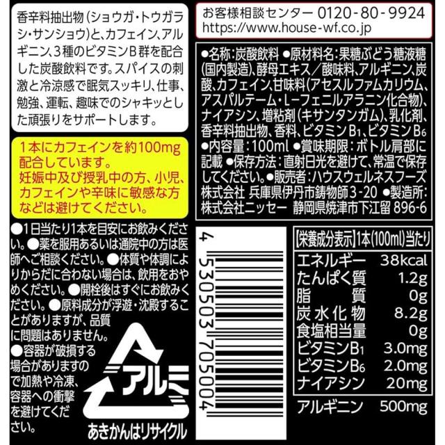 【在庫あり】メガシャキ 100ml ×30本 ジンジャーレモン味（無果汁）・炭酸飲料 スパイスの刺激と冷涼感で眠気スッキリ 仕事 勉強 ハウスウェルネスフーズ【CC】