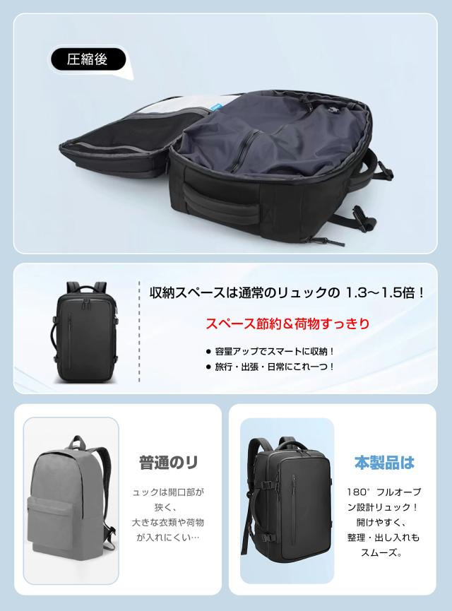 ビジネスバック 真空圧縮リュック 旅行バック 真空圧縮 リュック ポンプ付き エア真空 バックパック メンズ 17インチPC対応 ビジネスバッグ 大容量 多機能 乾湿分離 キャリーオン機能 通勤 通学 出張 旅行 多層ポケット 45-65L 拡張可能_5