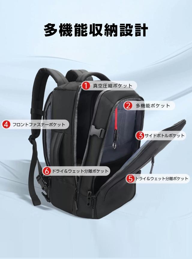 ビジネスバック 真空圧縮リュック 旅行バック 真空圧縮 リュック ポンプ付き エア真空 バックパック メンズ 17インチPC対応 ビジネスバッグ 大容量 多機能 乾湿分離 キャリーオン機能 通勤 通学 出張 旅行 多層ポケット 45-65L 拡張可能_9