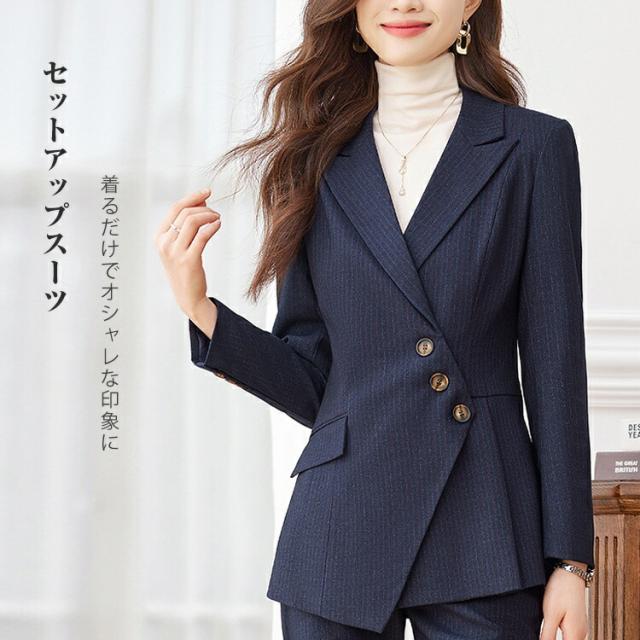 パンツスーツ セットアップ レディース ストライプ シルエット 卒業式 母 服装 フォーマル ワイドパンツ カジュアル ビジネス 通勤 新卒 入学式 フォーマルスーツ 母 服 服装 セレモニースーツ ママ スーツセットアップ 秋冬 長袖 2点セット オフィス 仕事着 シンプル_1