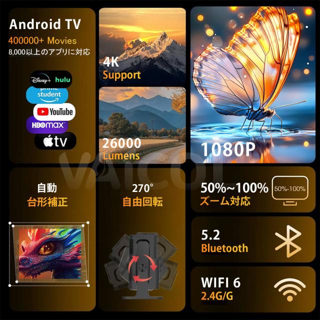 プロジェクター 家庭用 Android TV13搭載・270°回転 プロジェクター 小型 26000LM 1080P Wi-Fi6 4K対応 50％ズーム機能 自動台形補正 Bluetooth5.2 スピーカー内蔵 ホームプロジェクター 家庭用 短距離投影 スマホ/Switch/などに対応_1