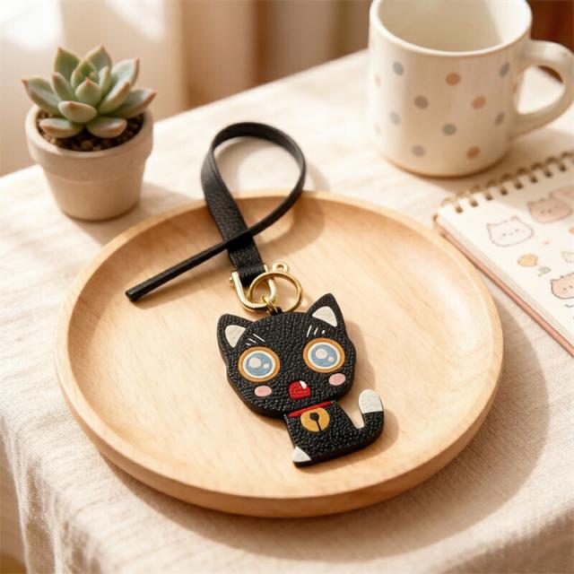 猫モチーフ 本革 ハンドメイド バッグチャーム キーホルダー ストラップ かわいい レザー 手作り ナチュラル ギフト 誕生日 プレゼント レディース メンズ_6