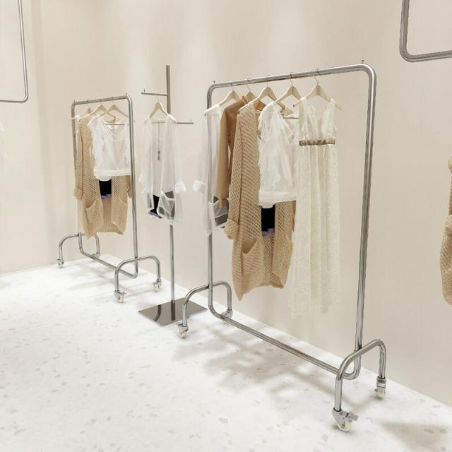 服飾店用衣類掛け軸 ステンレス製ベルト付きホイール 銀色中島型フロアディスプレイラック 女性服店棚 装示ラック_1