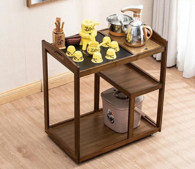 【天然竹製】茶台 キャスター付き 移動式 茶器収納ラック ティーテーブル 楠竹 幅60-90cm ナチュラルワゴン センターテーブル 泡茶 焼水 [リビング/ベランダ/応接間/新生活]_2