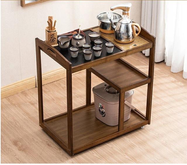 【天然竹製】茶台 キャスター付き 移動式 茶器収納ラック ティーテーブル 楠竹 幅60-90cm ナチュラルワゴン センターテーブル 泡茶 焼水 [リビング/ベランダ/応接間/新生活]_3