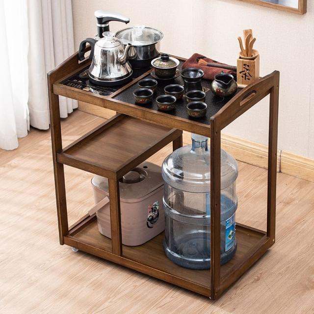 【天然竹製】茶台 キャスター付き 移動式 茶器収納ラック ティーテーブル 楠竹 幅60-90cm ナチュラルワゴン センターテーブル 泡茶 焼水 [リビング/ベランダ/応接間/新生活]