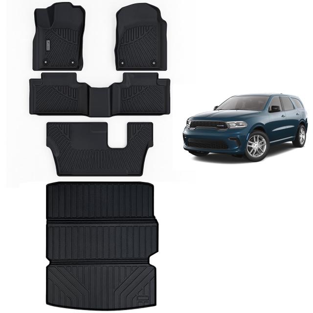 フロアマット 大型トランクマット 2016-2023 2024 Dodge Durango (7シート(2列ベンチシート))、TPE 全天候保護 1列目、2列目、3列目フルセット カーフロアライナー カーゴライナー付き ブラック