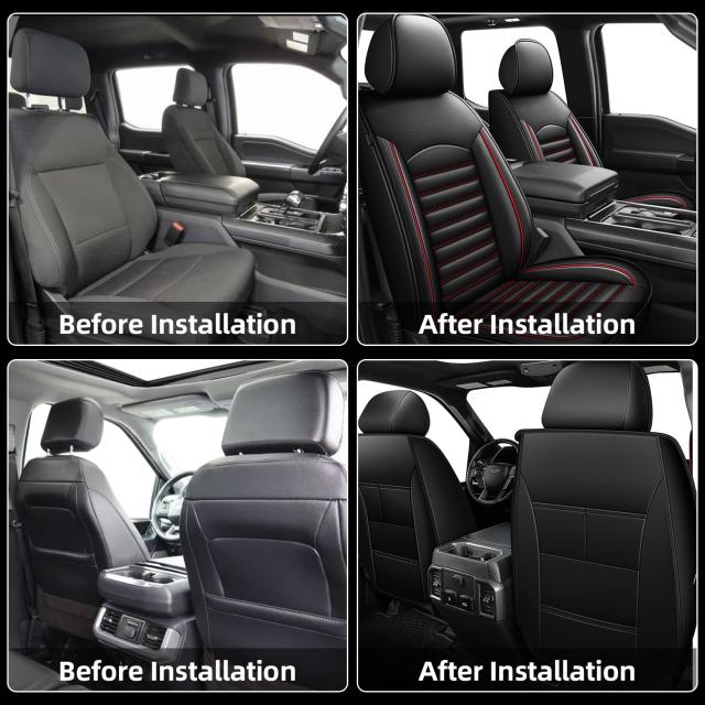 シートカバー Ford F150/F-150 2009-2024 - F250/F350/F450 2017-2024用:トラック用フロントフェイクレザーカーシートカバー2枚(フロントペア、レッドライン)_4