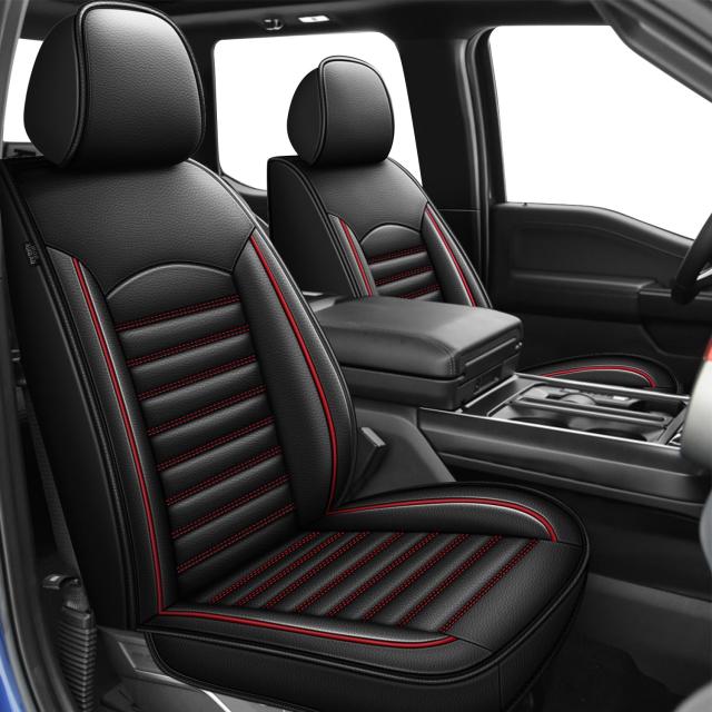 シートカバー Ford F150/F-150 2009-2024 - F250/F350/F450 2017-2024用:トラック用フロントフェイクレザーカーシートカバー2枚(フロントペア、レッドライン)