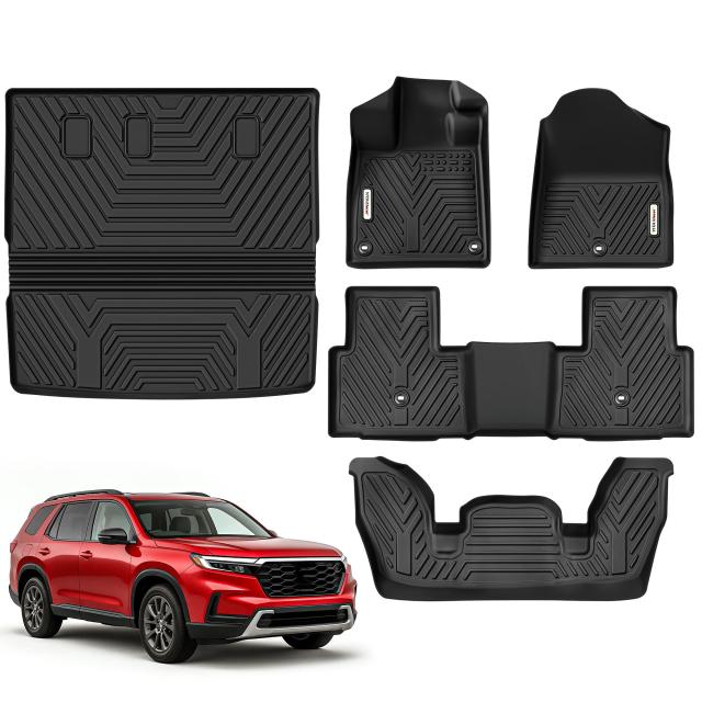 フロアマット&カーゴライナー ホンダパイロット2025 2024 2023、全天候型ホンダパイロットカーマット7/8乗客フルセット自動車用マット、ブラック