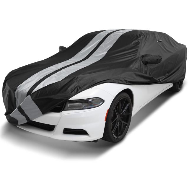 カスタムカーカバー Dodge Charger 2006-2024用 防水 全天候型 雨 雪 UV サンプロテクター フルエクステリア 屋内 屋外 カーカバー、ストライプ(ブラック/グレー)