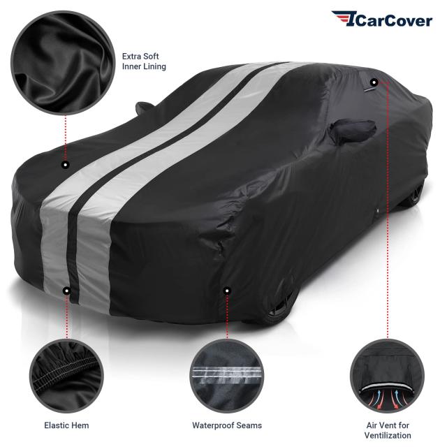 カスタムカーカバー Dodge Charger 2006-2024用 防水 全天候型 雨 雪 UV サンプロテクター フルエクステリア 屋内 屋外 カーカバー、ストライプ(ブラック/グレー)_1