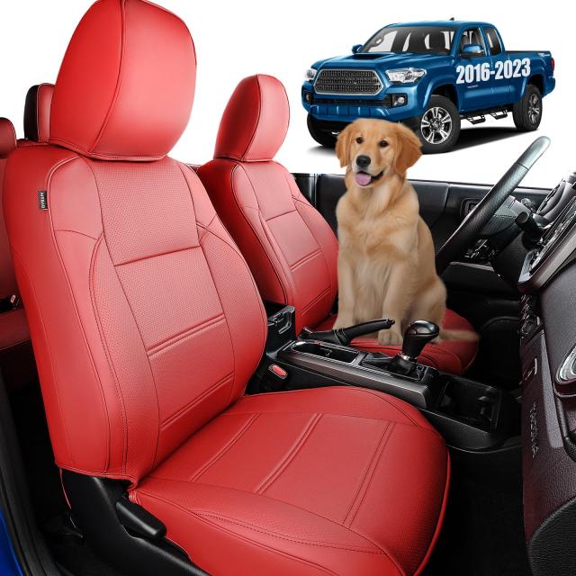 DrCarNow トヨタ タコマ シートカバー 2016 2017 2018 2019 2020 2021 2022 2023用 タコマ クルーキャブ/ダブルキャブ用 レッド 防水 フェイクレザー アクセサリー トヨタ タコマ シートカバー 2016-2023用