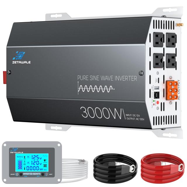 3000W 純正正弦波インバーター 12V DC~110V 120V AC電源インバーター 最大6000W ACコンセント4個付き USBポートタイプ C トラック用リモコン付きLCDディスプレイ