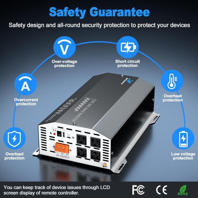 3000W 純正正弦波インバーター 12V DC~110V 120V AC電源インバーター 最大6000W ACコンセント4個付き USBポートタイプ C トラック用リモコン付きLCDディスプレイ_2