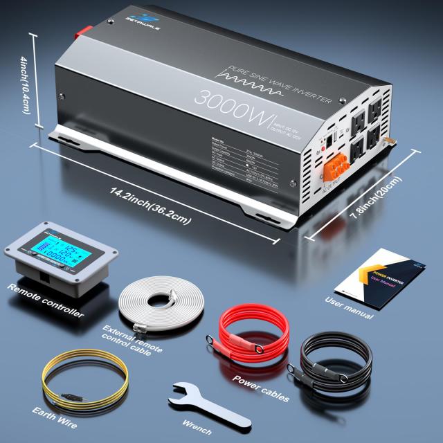 3000W 純正正弦波インバーター 12V DC~110V 120V AC電源インバーター 最大6000W ACコンセント4個付き USBポートタイプ C トラック用リモコン付きLCDディスプレイ_3