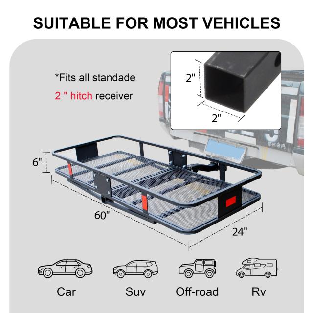 60 x 24インチ ヒッチカーゴキャリア 車 SUV トラック トレーラー用 ユニバーサル折りたたみ式バスケット 耐荷重500ポンド 2インチ レシーバー_3